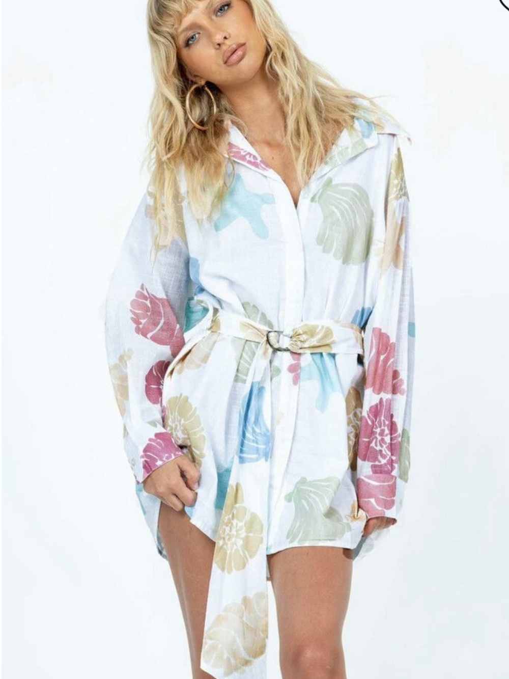 Women’s White Floral Button-Front Shirt Dress with Belt